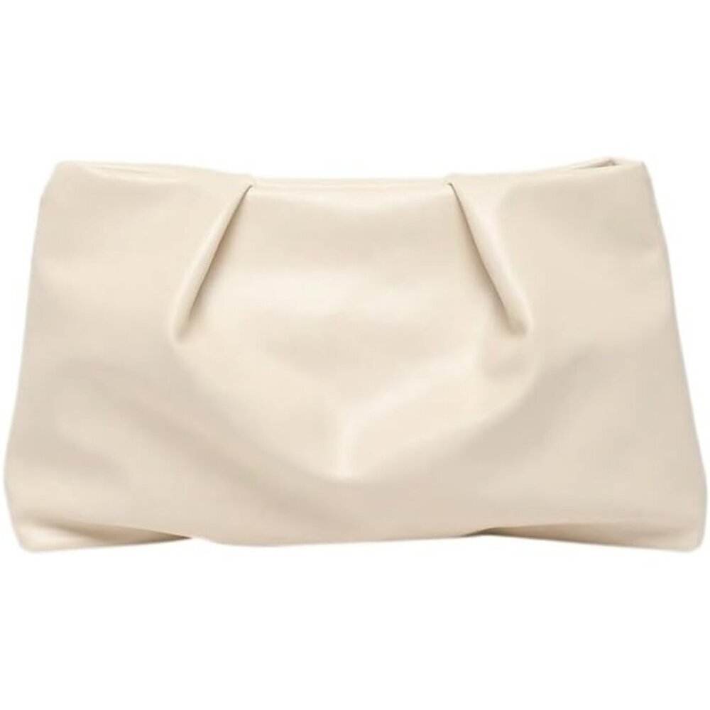 Women's Beige PU Leather Small Zipper Ruched Minimalist Smooth Casual Handbag